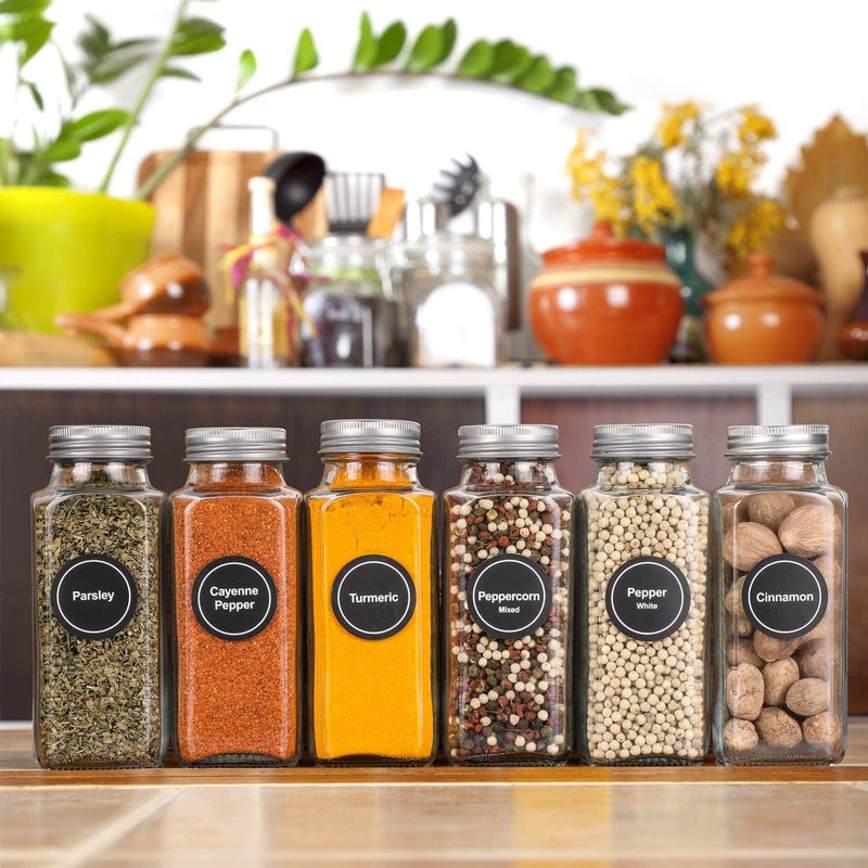 Aozita 24 Pcs Glass Spice Jars with Spice Labels - 8Oz Empty Square Spice Bottles - Shaker Lids and Airtight Metal Caps - Chalk Marker and Silicone Collapsible Funnel Included Home & Garden > Decor > Decorative Jars AOZITA   