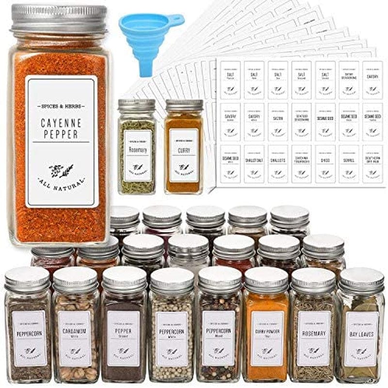 AOZITA 24 Pcs Glass Spice Jars with White Printed Spice Labels - 4Oz Empty Square Spice Bottles - Shaker Lids and Airtight Metal Caps - Silicone Collapsible Funnel