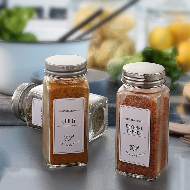AOZITA 24 Pcs Glass Spice Jars with White Printed Spice Labels - 4Oz Empty Square Spice Bottles - Shaker Lids and Airtight Metal Caps - Silicone Collapsible Funnel