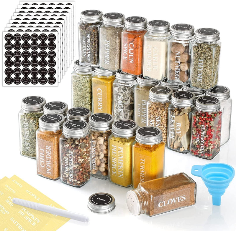 AOZITA 36 Pcs Glass Spice Jars with Spice Labels - 4Oz Empty Square Spice Bottles - Shaker Lids and Airtight Metal Caps - Chalk Marker and Silicone Collapsible Funnel Included