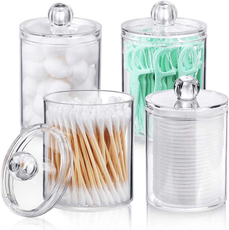 AOZITA 4 Pack Qtip Holder Dispenser for Cotton Ball, Cotton Swab, Cotton Round Pads, Floss - 10 oz Clear Plastic Apothecary Jar for Bathroom Canister Storage Organization, Vanity Makeup Organizer