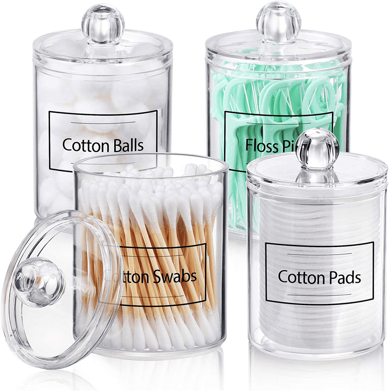 AOZITA 4 Pack Qtip Holder Dispenser for Cotton Ball, Cotton Swab, Cotton Round Pads, Floss - 10 oz Clear Plastic Apothecary Jar for Bathroom Canister Storage Organization, Vanity Makeup Organizer
