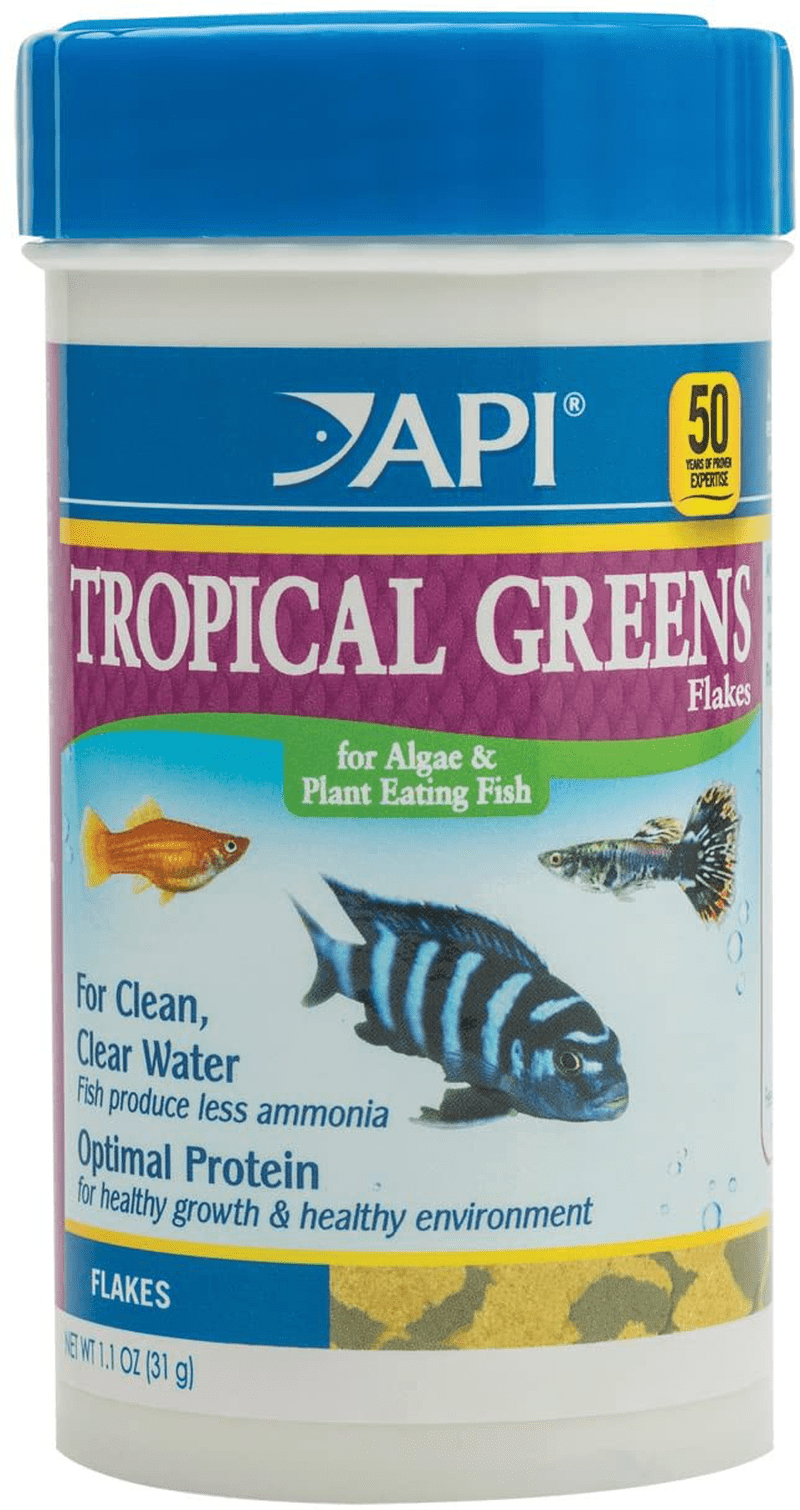 API FISH FOOD FLAKES, Formulated to help fish more readily use nutrients which means less waste and clean, clear water, Feed up to twice a day as much as they'll eat in 5 minutes Animals & Pet Supplies > Pet Supplies > Fish Supplies > Fish Food API Tropical Greens 1.1 Ounce (Pack of 1) 