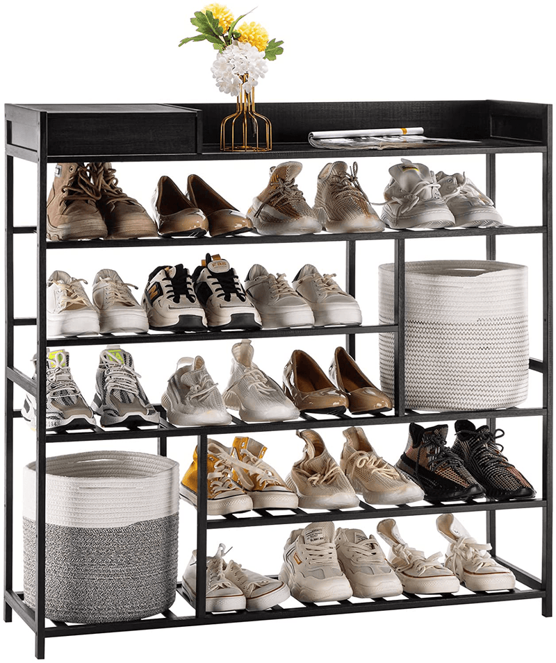 Apicizon 5-Tier Bamboo Shoe Rack for up to 25 Pairs, Shoe Organizer with Storage Shelf for Entryway, Storage Box Shoe Cabinet for Closet, Brown Furniture > Cabinets & Storage > Armoires & Wardrobes Apicizon Black  
