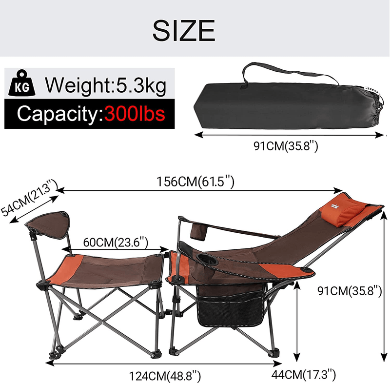 Apollo Walker Camping Chairs Folding Portable Reclining Lounger with Removabel Foot Rest 2 in 1,For Camp,Beach,Fishing,Picnics
