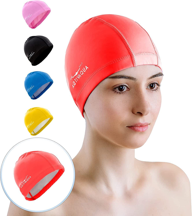 Aqtivaqua Spandex Swim Cap with Protective Layer // Swimming Caps for Adult Men Women Sporting Goods > Outdoor Recreation > Boating & Water Sports > Swimming > Swim Caps AqtivAqua Red  