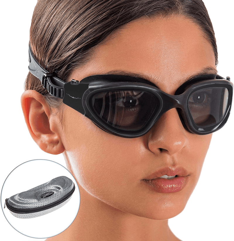 AqtivAqua Wide View Swimming Goggles // Swim Workouts - Open Water // Indoor - Outdoor Line Sporting Goods > Outdoor Recreation > Boating & Water Sports > Swimming > Swim Goggles & Masks AqtivAqua All Black Goggles + Silver Case Shade 