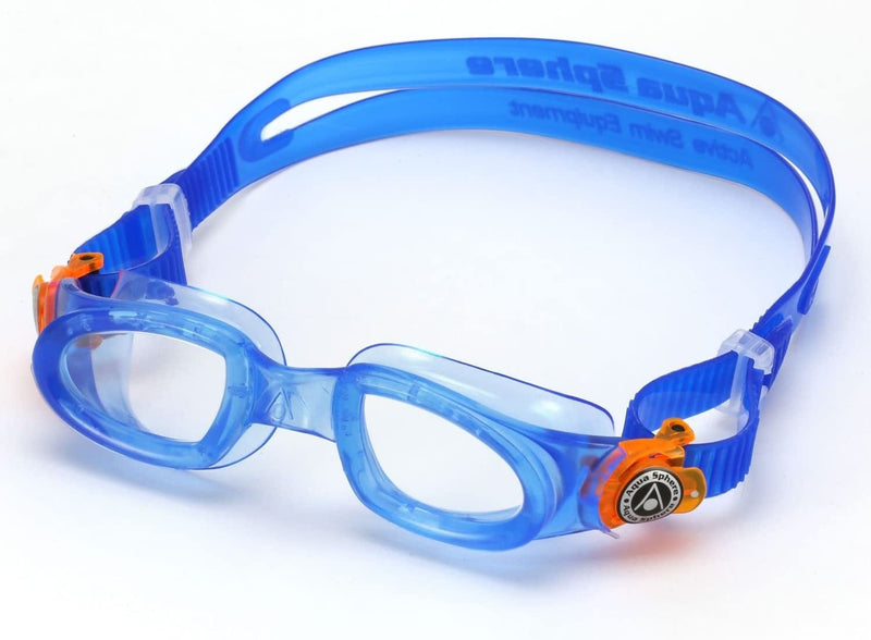 Aqua Sphere Moby Junior Swim Goggles with Clear Lens (Blue). UV Protection Anti-Fog Swimming Goggles for Kids