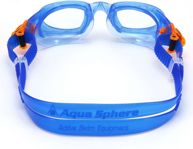 Aqua Sphere Moby Junior Swim Goggles with Clear Lens (Blue). UV Protection Anti-Fog Swimming Goggles for Kids