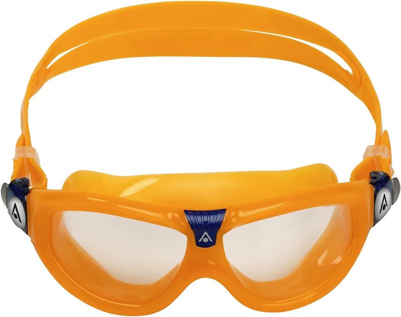 Aquasphere SEAL Kids (Ages 3+) Swim Goggles, Made in ITALY - Wide Vision, Comfort, E-Z Adjust, anti Scratch & Fog, Leak Free Sporting Goods > Outdoor Recreation > Boating & Water Sports > Swimming > Swim Goggles & Masks Aqua Sphere Clear Lens, Orange/Blue Frame  