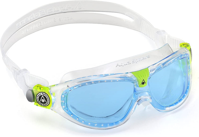 Aquasphere SEAL Kids (Ages 3+) Swim Goggles, Made in ITALY - Wide Vision, Comfort, E-Z Adjust, anti Scratch & Fog, Leak Free Sporting Goods > Outdoor Recreation > Boating & Water Sports > Swimming > Swim Goggles & Masks Aqua Sphere Blue Lens / Transparent New Version  