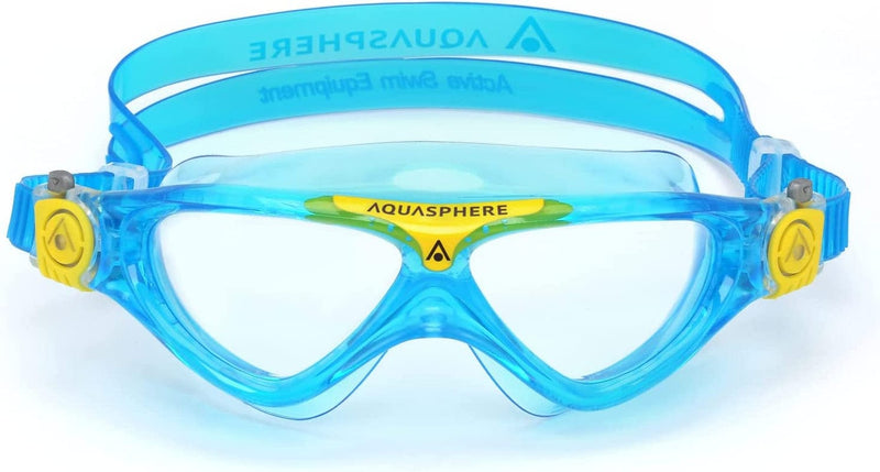 Aquasphere Vista Junior (Ages 6+) Swimming Goggles - 180 Degree Vision, Leak Free Hypoallergenic Seal, anti Fog & Scratch Sporting Goods > Outdoor Recreation > Boating & Water Sports > Swimming > Swim Goggles & Masks Aqua Sphere Clear Lens, Turquoise/Yellow Frame  