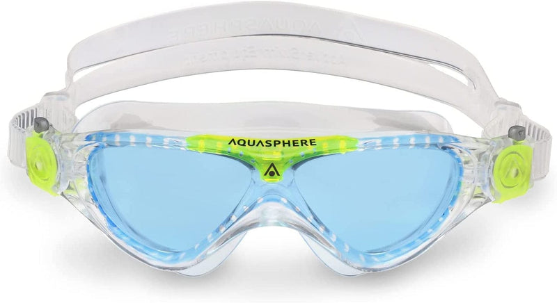 Aquasphere Vista Junior (Ages 6+) Swimming Goggles - 180 Degree Vision, Leak Free Hypoallergenic Seal, anti Fog & Scratch Sporting Goods > Outdoor Recreation > Boating & Water Sports > Swimming > Swim Goggles & Masks Aqua Sphere Blue Tinted Lens, Transparent/Bright Green Frame  
