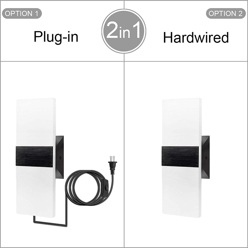 Arcomead Modern LED Wall Sconce Acrylic Wall Light Cool White Plug-In Cord with On/Off Switch Decorative Wall Lamp Night Light for Living Room, Bedroom, Corridor (Black)