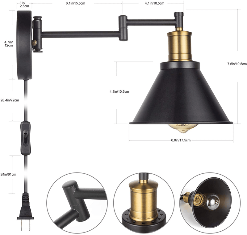 ArcoMead Swing Arm Wall Lamp Plug-in Cord Industrial Wall Sconce, Bronze and Black Finish,with On/Off Switch, E26 Base UL Listed,1-Light Bedroom Wall Lights Fixtures,Bedside Reading Lamp Home & Garden > Lighting > Lighting Fixtures > Wall Light Fixtures Eleven Master US   