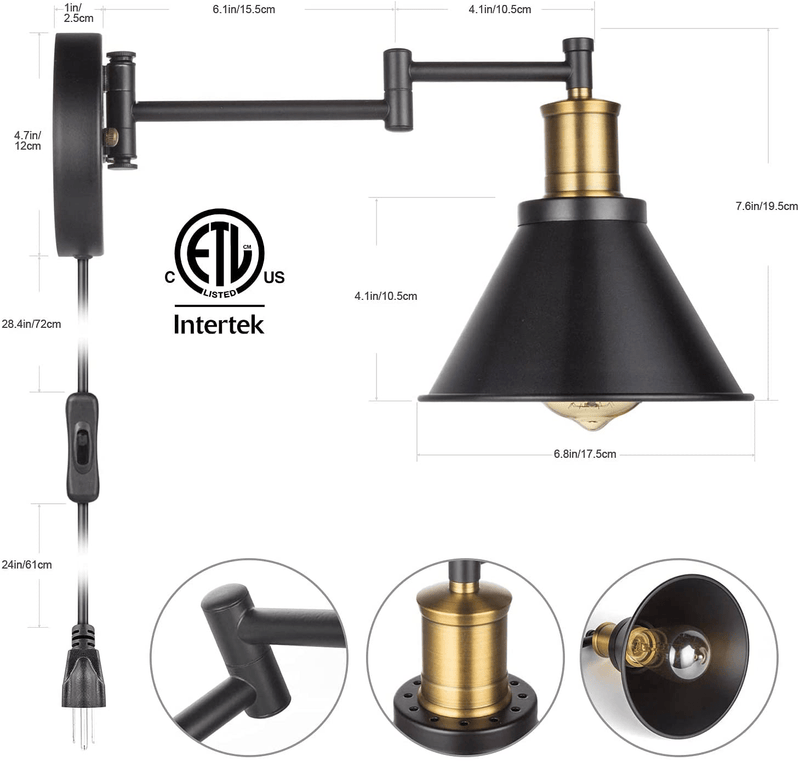 Arcomead Swing Arm Wall Lamp Plug-In Cord Industrial Wall Sconce, Bronze and Black Finish,With On/Off Switch, E26 Base UL Listed,1-Light Bedroom Wall Lights Fixtures,Bedside Reading Lamp (ETL)