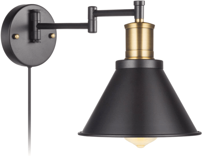 Arcomead Swing Arm Wall Lamp Plug-In Cord Industrial Wall Sconce, Bronze and Black Finish,With On/Off Switch, E26 Base UL Listed,1-Light Bedroom Wall Lights Fixtures,Bedside Reading Lamp (ETL)