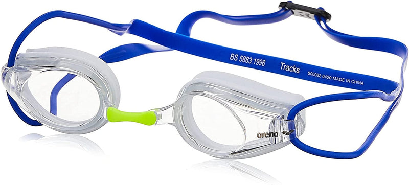 Arena Tracks Youth and Adult Swim Goggles Sporting Goods > Outdoor Recreation > Boating & Water Sports > Swimming > Swim Goggles & Masks Arena White / Clear / Blue Adult Non-mirror 