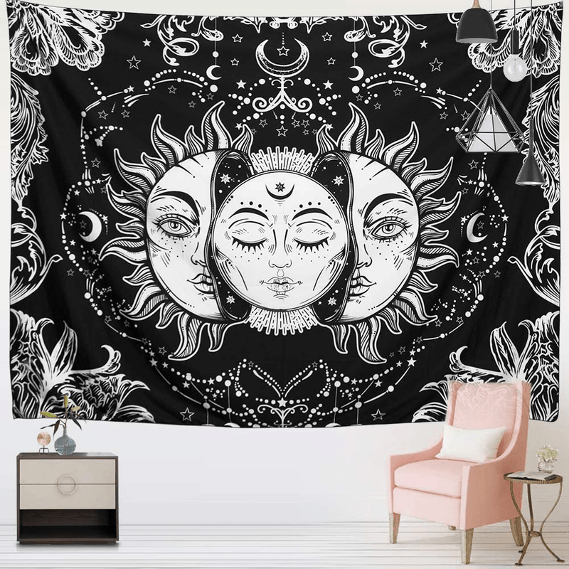 ARFBEAR Sun and Moon Tapestry, Burning Sun with Stars Psychedelic Popular Mystic Wall Hanging Tapestry Black and White Beach Blanket (Large-79 x 59 in) Home & Garden > Decor > Artwork > Decorative TapestriesHome & Garden > Decor > Artwork > Decorative Tapestries ARFBEAR   