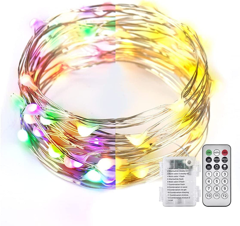 Ariceleo 2 Packs Warm White & Multi-Color Battery Operated String Lights, 5M/16.4Ft. 50 Leds Remote Control Timer 12 Modes Optional Twinkle Battery Powered Fairy Lights Sliver Wire Firefly Lights
