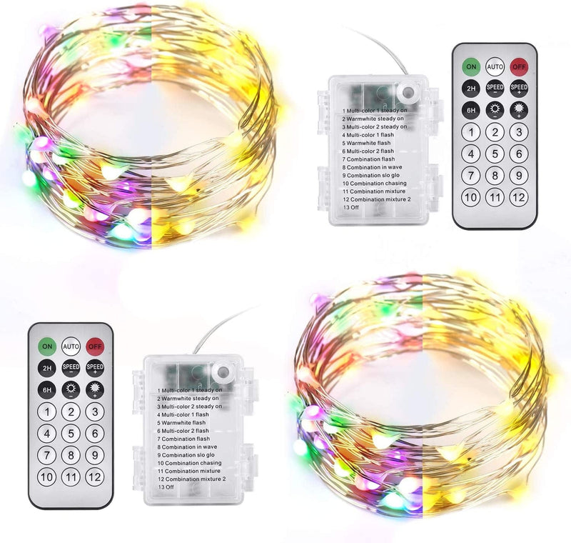 Ariceleo 2 Packs Warm White & Multi-Color Battery Operated String Lights, 5M/16.4Ft. 50 Leds Remote Control Timer 12 Modes Optional Twinkle Battery Powered Fairy Lights Sliver Wire Firefly Lights Home & Garden > Lighting > Light Ropes & Strings Ariceleo 2 Packs  