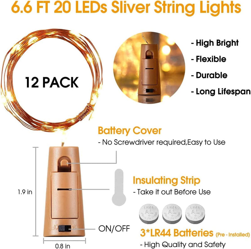 Ariceleo Wine Bottles String Lights, 24 Packs Micro Artificial Cork Copper Wire Starry Fairy Lights, Battery Operated Lights for Bedroom, Parties, Wedding, Decoration(24 Packs 2M/7.2Ft Warm White) Home & Garden > Lighting > Light Ropes & Strings Ariceleo   