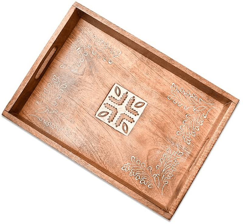 ARIJA Rustic Wooden Serving Tray with Handle - Designer, Decorative Wooden Carved Ottoman Tray for Coffee, Tea, Drinks Serving with Handles - Rustic Home décor, Boho Décor Serving Tray Home & Garden > Decor > Decorative Trays ARIJA Hand Carved Rectangle  