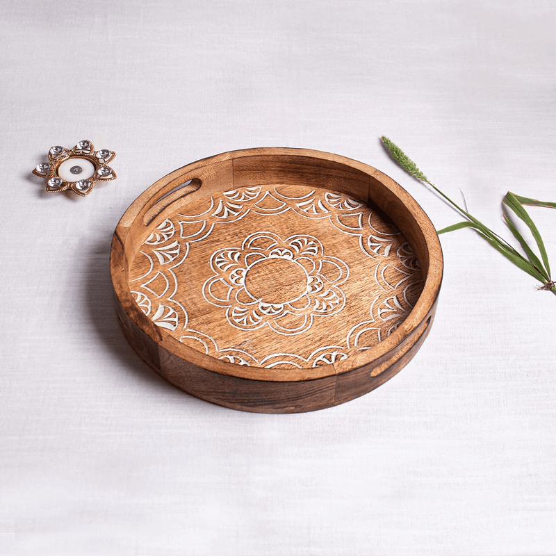 ARIJA Rustic Wooden Serving Tray with Handle - Designer, Decorative Wooden Carved Ottoman Tray for Coffee, Tea, Drinks Serving with Handles - Rustic Home décor, Boho Décor Serving Tray Home & Garden > Decor > Decorative Trays ARIJA   
