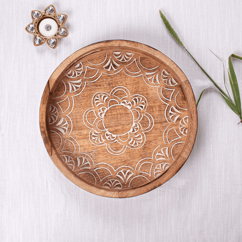 ARIJA Rustic Wooden Serving Tray with Handle - Designer, Decorative Wooden Carved Ottoman Tray for Coffee, Tea, Drinks Serving with Handles - Rustic Home décor, Boho Décor Serving Tray Home & Garden > Decor > Decorative Trays ARIJA Round Handcarved  