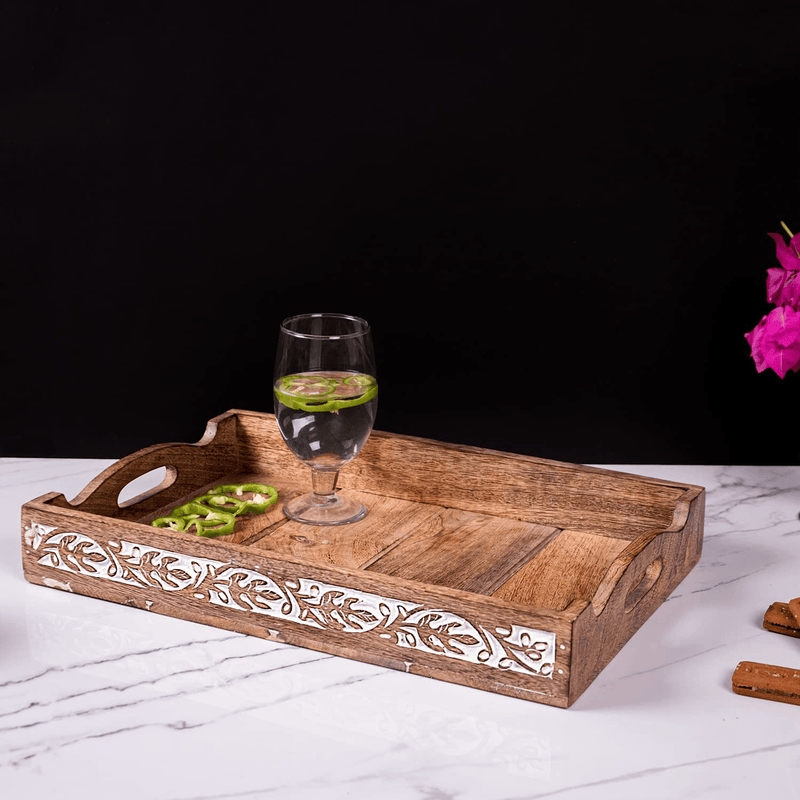 ARIJA Rustic Wooden Serving Tray with Handle - Designer, Decorative Wooden Carved Ottoman Tray for Coffee, Tea, Drinks Serving with Handles - Rustic Home décor, Boho Décor Serving Tray