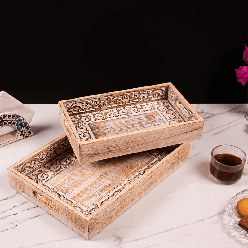 ARIJA Rustic Wooden Serving Tray with Handle - Designer, Decorative Wooden Carved Ottoman Tray for Coffee, Tea, Drinks Serving with Handles - Rustic Home décor, Boho Décor Serving Tray Home & Garden > Decor > Decorative Trays ARIJA Floral Handcarving Inside  