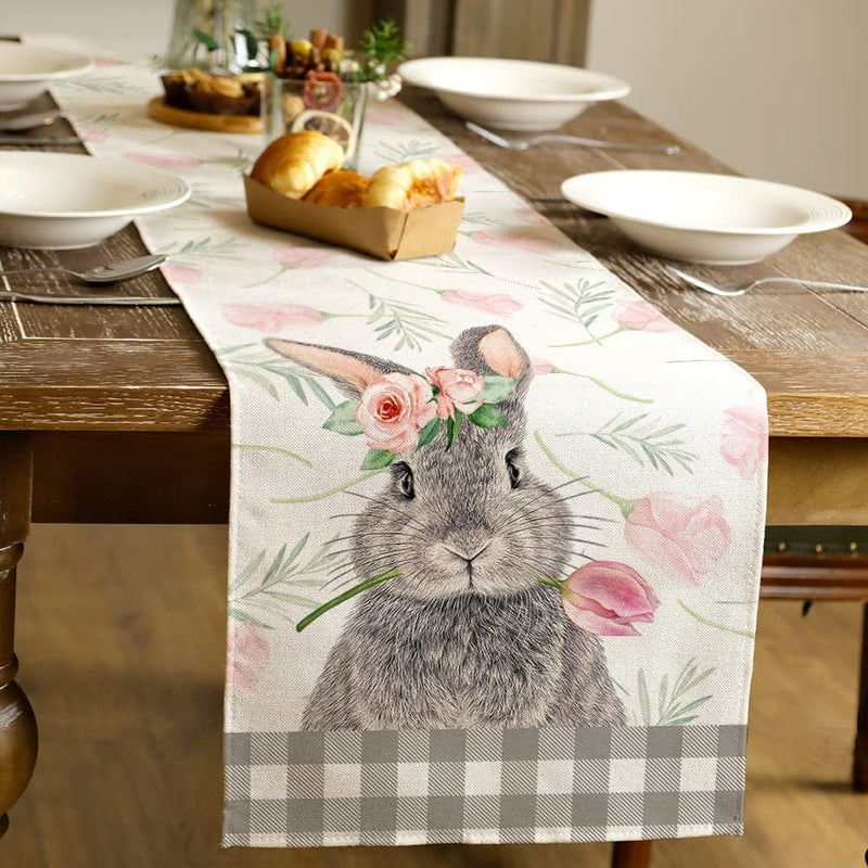 ARKENY Easter Table Runner 72 Inches, Rabbit Tulip Coffee Home Dining Indoor Seasonal Spring Holiday Farmhouse Tabletop Decor AT383