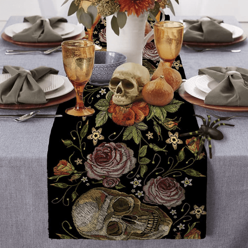 ARKENY Halloween Skull Floral Black Table Runner 13x72 Inches Long Farmhouse Indoor Outdoor Vintage Theme Gathering Dinner Party Holiday Decor AT007