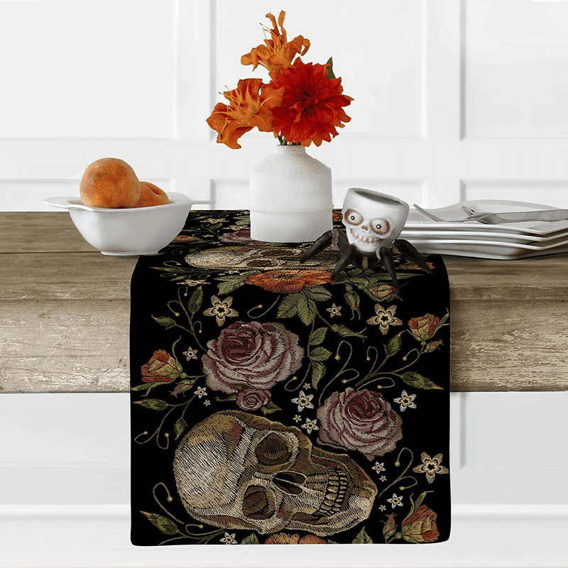 ARKENY Halloween Skull Floral Black Table Runner 13x72 Inches Long Farmhouse Indoor Outdoor Vintage Theme Gathering Dinner Party Holiday Decor AT007
