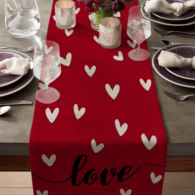 ARKENY Happy Valentines Day Heart Red Table Runner 13X73 Inches Long Farmhouse Indoor Outdoor Vintage Love Holiday Theme Gathering Dinner Party Decor Home & Garden > Decor > Seasonal & Holiday Decorations ARKENY   