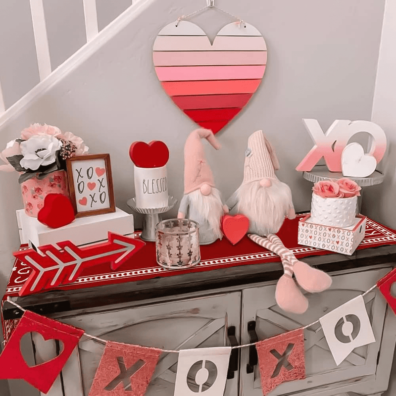 ARKENY Happy Valentines Day Heart Red Table Runner 13X73 Inches Long Farmhouse Indoor Outdoor Vintage Love Holiday Theme Gathering Dinner Party Decor Home & Garden > Decor > Seasonal & Holiday Decorations ARKENY   