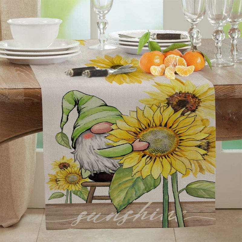 ARKENY Summer Decorations Sunflower Gnomes Table Runner 13X72 Inches Seasonal Sunshine Spring Holiday Farmhouse Indoor Vintage Theme Dinner Party Decor Home & Garden > Decor > Seasonal & Holiday Decorations ARKENY   