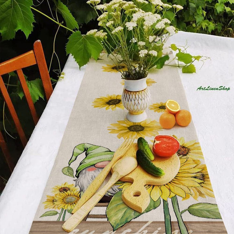 ARKENY Summer Decorations Sunflower Gnomes Table Runner 13X72 Inches Seasonal Sunshine Spring Holiday Farmhouse Indoor Vintage Theme Dinner Party Decor