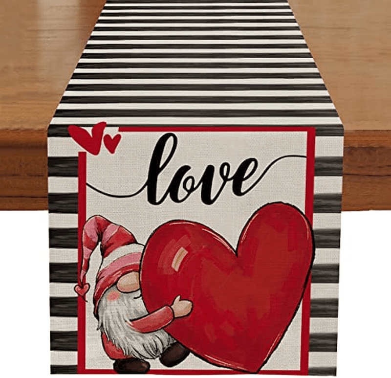 ARKENY Valentines Day Table Runner 13X72 Inches Gnomes Heart Black Strip Farmhouse Indoor Vintage Holiday Love Theme Gathering Dinner Party Decor Home & Garden > Decor > Seasonal & Holiday Decorations ARKENY   