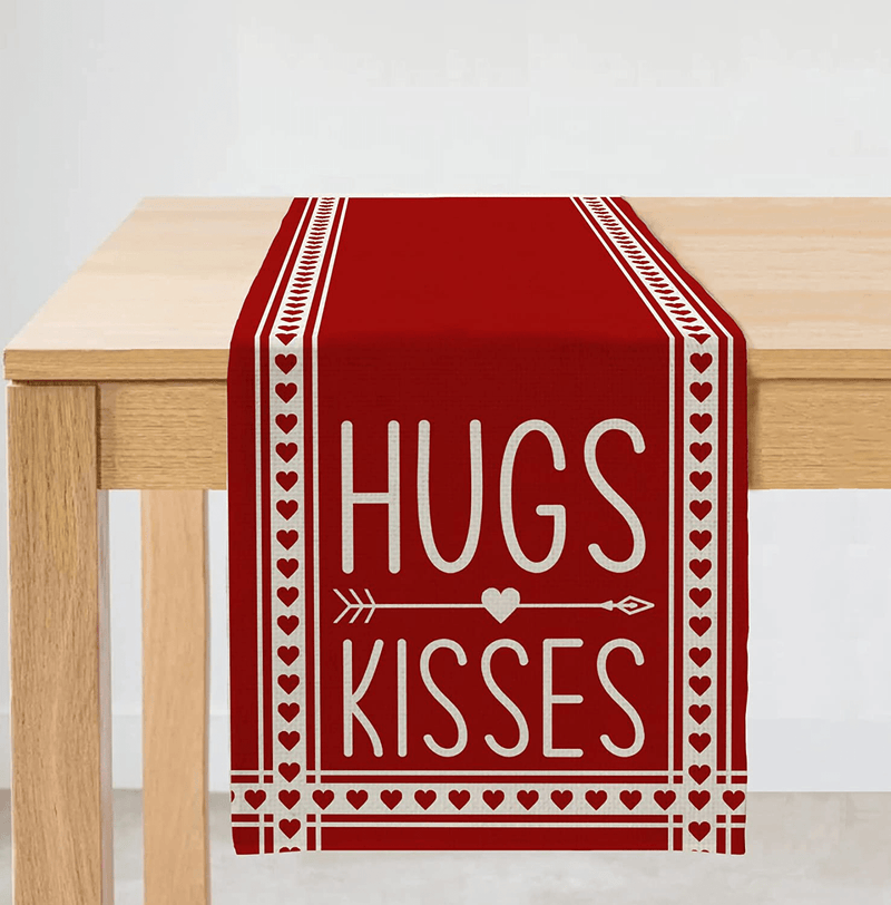 ARKENY Valentines Day Table Runner 13X72 Inches Heart Red Strip Farmhouse Indoor Outdoor Vintage Holiday Hugs Kisses Theme Gathering Dinner Party Decor Home & Garden > Decor > Seasonal & Holiday Decorations ARKENY   