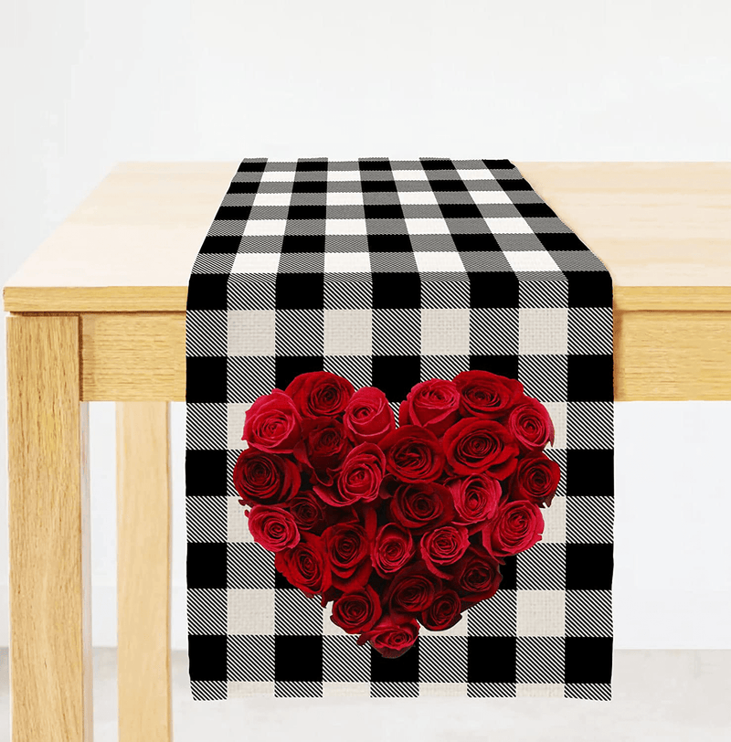 ARKENY Valentines Day Table Runner 13X72 Inches Hreart Rose Black Buffalo Plaid Farmhouse Indoor Vintage Love Holiday Theme Gathering Dinner Party Decor Home & Garden > Decor > Seasonal & Holiday Decorations ARKENY   