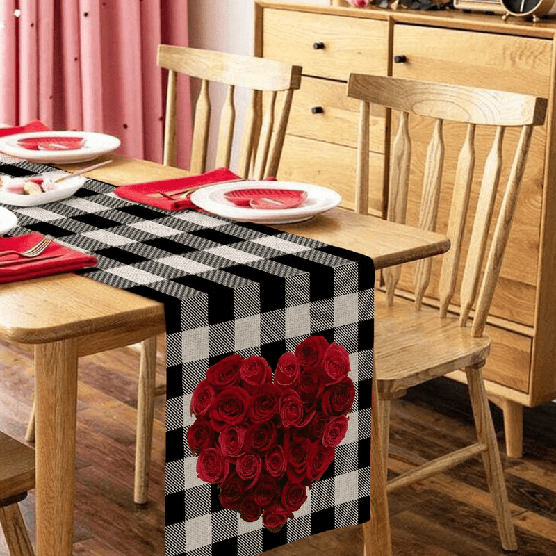 ARKENY Valentines Day Table Runner 13X72 Inches Hreart Rose Black Buffalo Plaid Farmhouse Indoor Vintage Love Holiday Theme Gathering Dinner Party Decor Home & Garden > Decor > Seasonal & Holiday Decorations ARKENY   