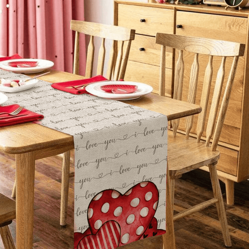 ARKENY Valentines Day Table Runner 13X72 Inches Polka Dot Heart I Love You Theme Farmhouse Indoor Vintage Holiday Gathering Dinner Party Decor Home & Garden > Decor > Seasonal & Holiday Decorations ARKENY   