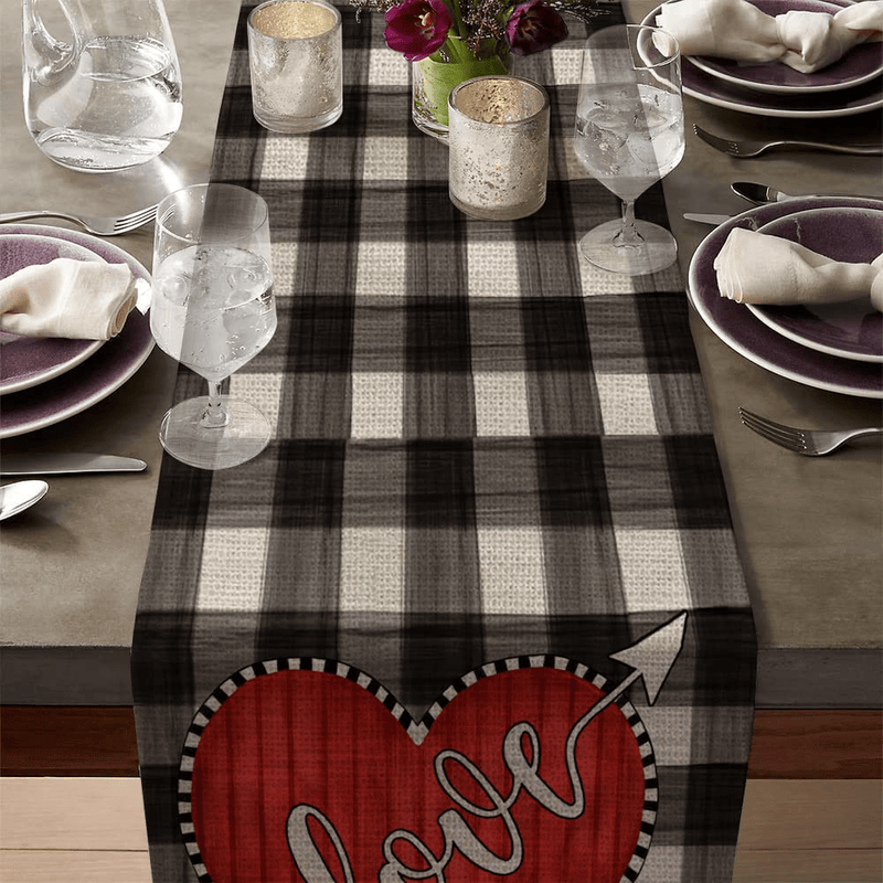 ARKENY Valentines Day Table Runner 13X72 Inches Watercolor Buffalo Plaid Hearts Love Theme Farmhouse Indoor Vintage Holiday Gathering Dinner Party Decor Home & Garden > Decor > Seasonal & Holiday Decorations ARKENY   