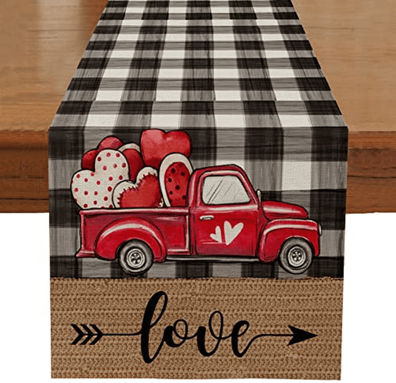 ARKENY Valentines Day Table Runner 13X72 Inches Watercolor Buffalo Plaid Hearts Truck Love Theme Farmhouse Indoor Vintage Holiday Gathering Dinner Party Decor