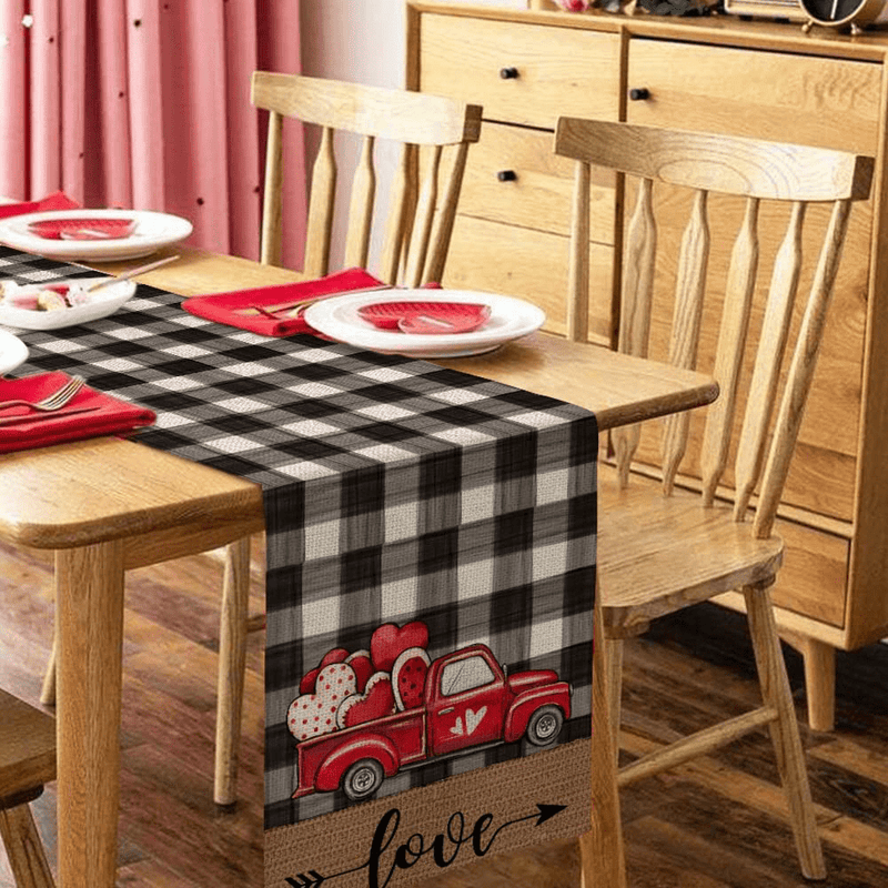ARKENY Valentines Day Table Runner 13X72 Inches Watercolor Buffalo Plaid Hearts Truck Love Theme Farmhouse Indoor Vintage Holiday Gathering Dinner Party Decor Home & Garden > Decor > Seasonal & Holiday Decorations ARKENY   