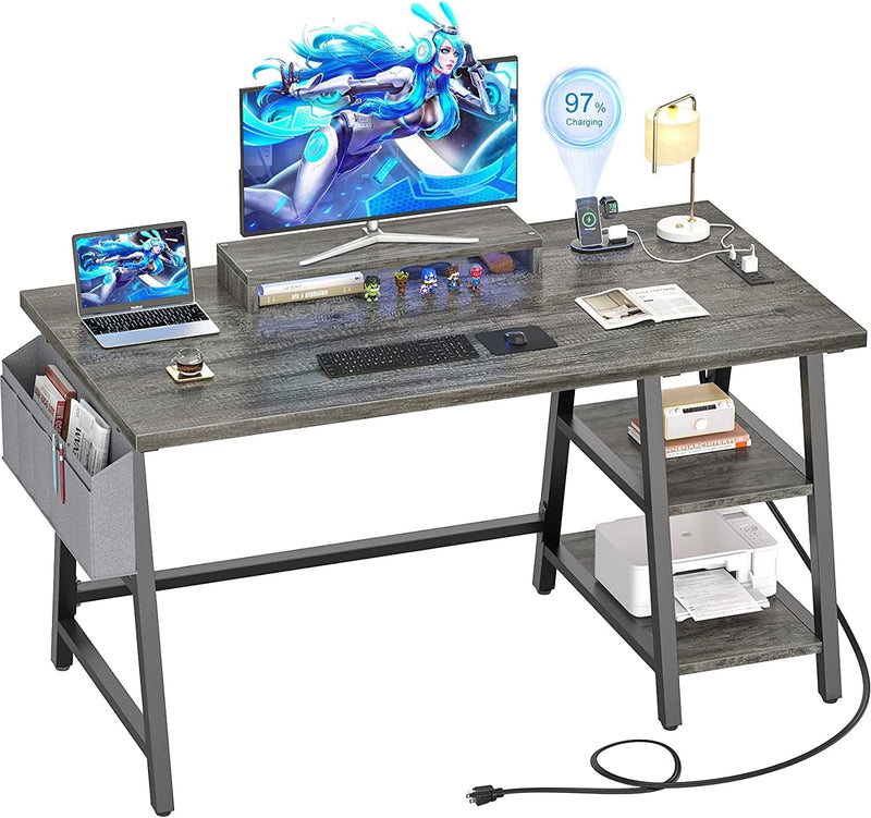 Armocity Computer Desk with Outlet and USB Charging Port, 55 Inch Desk with Reversible Storage Shelves, Gaming Desk with Moveable Monitor Stand and Storage Bag for Home Office Workstation, White
