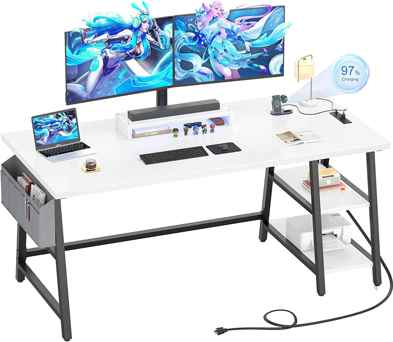 Armocity Computer Desk with Outlet and USB Charging Port, 55 Inch Desk with Reversible Storage Shelves, Gaming Desk with Moveable Monitor Stand and Storage Bag for Home Office Workstation, White Home & Garden > Household Supplies > Storage & Organization armocity White 55'' 