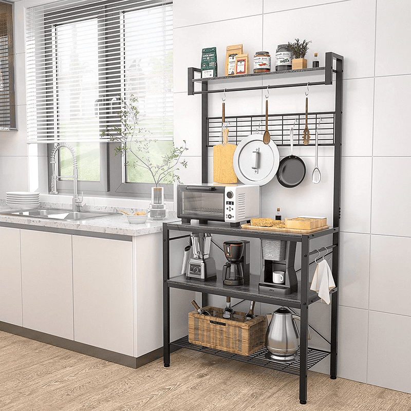 Armocity Kitchen Bakers Rack with Hutch, Industrial Microwave Stand 3-Tier Utility Storage Shelf Rack, Free Standing Coffee Station with 10 Hooks, Gray Brown