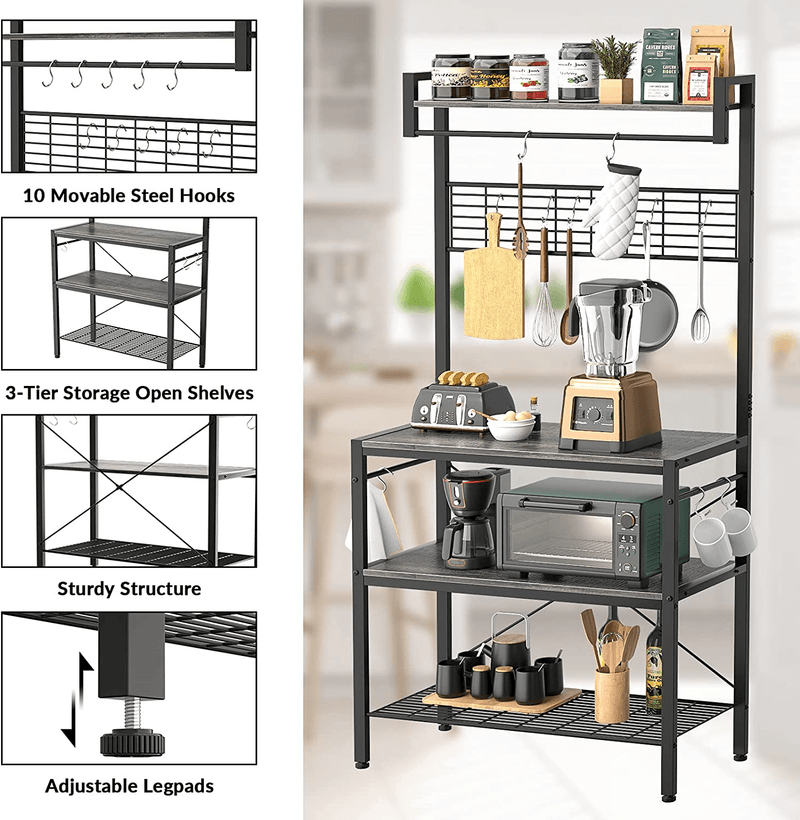Armocity Kitchen Bakers Rack with Hutch, Industrial Microwave Stand 3-Tier Utility Storage Shelf Rack, Free Standing Coffee Station with 10 Hooks, Gray Brown Home & Garden > Kitchen & Dining > Food Storage armocity   